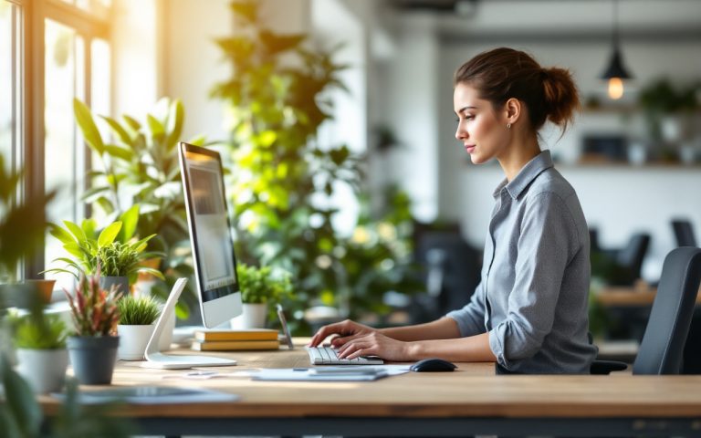 un-employe-de-bureau-en-train-dutiliser-un-ordinateur-dans-un-environnement-de-travail-moderne-avec-des-plantes-et-un-mobilier-ergonomique-autour-de-lui