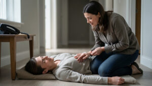 Un adulte s’agenouille près d’une personne au sol et la rassure dans un intérieur calme, lumière naturelle douce, style photo documentaire réaliste.
