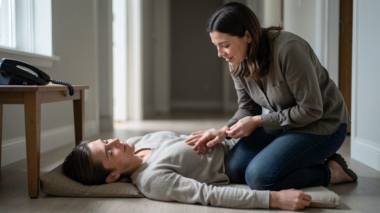 Un adulte s’agenouille près d’une personne au sol et la rassure dans un intérieur calme, lumière naturelle douce, style photo documentaire réaliste.