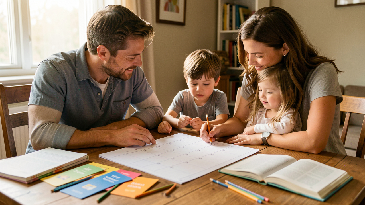 Une famille composée d’un homme, d’une femme, d’un garçon et d’une fille consulte un calendrier scolaire vierge sur une table entourée de cartes, de livres et de crayons.