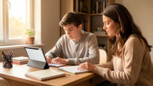 Un adolescent concentré sur ses devoirs avec une tablette, accompagné par une femme adulte dans un coin d’étude chaleureux.