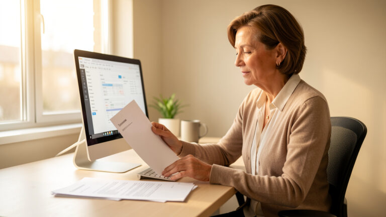 Femme adulte consultant un ordinateur avec des documents vierges de financement posés sur un bureau lumineux dans un environnement professionnel.