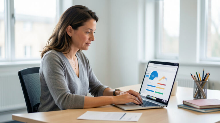 Femme adulte en formation continue devant un ordinateur portable, réalisant une évaluation numérique dans un espace de travail lumineux et professionnel.