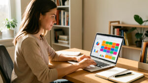 Jeune femme débutante apprenant les compétences d’un tableur sur un ordinateur portable, dans un espace de travail lumineux et organisé.