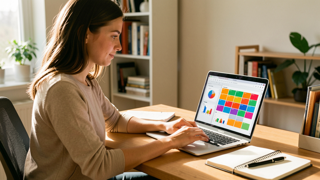 Jeune femme débutante apprenant les compétences d’un tableur sur un ordinateur portable, dans un espace de travail lumineux et organisé.