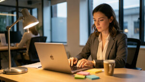 Une femme étudie le marketing digital sur un ordinateur dans son bureau après sa journée de travail, avec des notes colorées et une tasse de café.