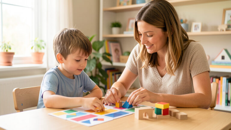 Un jeune garçon bénéficie d’un accompagnement scolaire bienveillant avec une tutrice autour d’une table d’étude lumineuse.