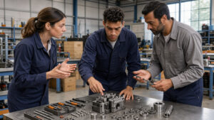 Un jeune apprenti en tenue de travail échange avec une formatrice et un maître d’apprentissage dans un atelier professionnel français.