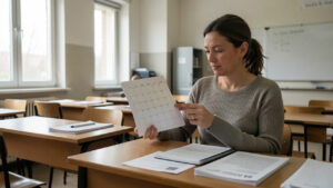 Femme adulte en formation professionnelle consultant un calendrier vierge et des documents administratifs dans une salle de cours publique sobre et réaliste.
