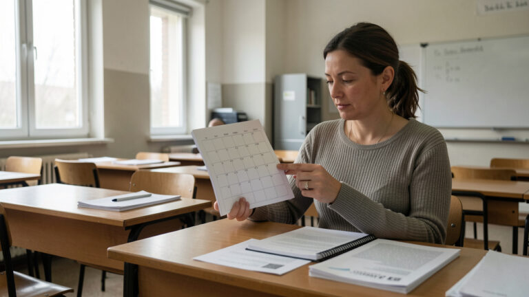 Femme adulte en formation professionnelle consultant un calendrier vierge et des documents administratifs dans une salle de cours publique sobre et réaliste.
