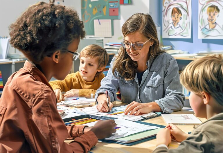 Enseignante préparant une programmation annuelle pour une classe de CE1 avec des cahiers, des manuels et un calendrier sur son bureau.