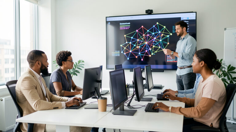 Salle de formation professionnelle moderne avec deux adultes devant des ordinateurs et un formateur analysant une cartographie visuelle abstraite des compétences numériques sur un grand écran.